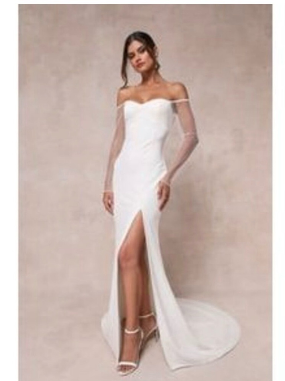 Lulu's White Off-the-Shoulder Bridal Gown with Sheer Sleeves and Front Slit